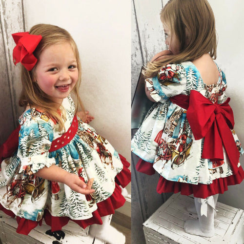 2019 Christmas princess dress cute toddler baby girl dress cartoon printed bow tie belt ruffled tutu sweet baby birthday dress
