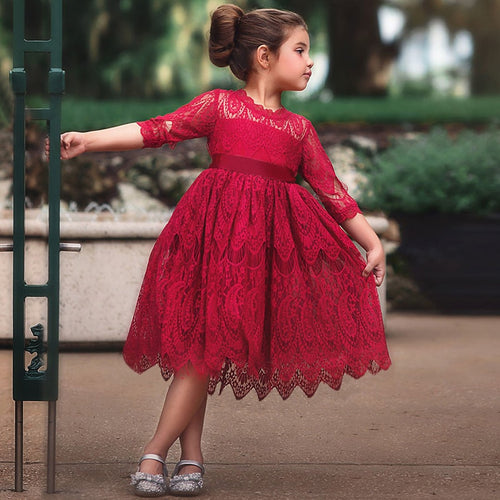 Autumn Lace Cotton Half Sleeve Girls Formal Dress Princess little Girls Flower Embroidery Dresses Kids Party Ball Gown Clothing