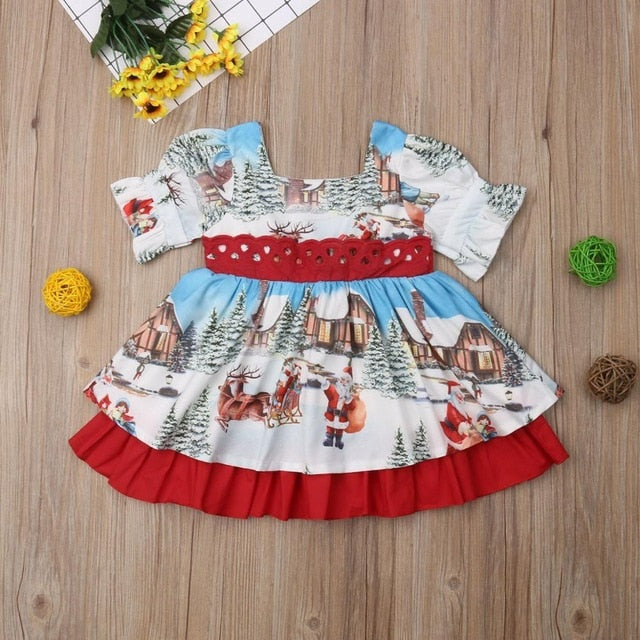 2019 Christmas princess dress cute toddler baby girl dress cartoon printed bow tie belt ruffled tutu sweet baby birthday dress