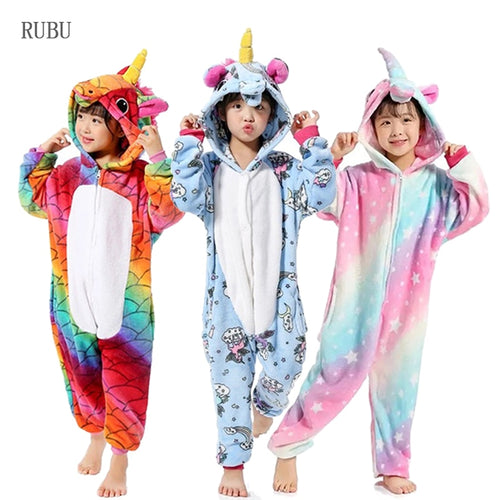 Girls Boys Winter Kigurumi Pajamas Unicorn Cartoon Anime Animal Onesies Kids Sleepwear Flannel Warm Jumpsuit Children Pajamas