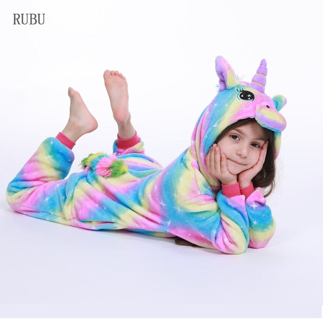 Girls Boys Winter Kigurumi Pajamas Unicorn Cartoon Anime Animal Onesies Kids Sleepwear Flannel Warm Jumpsuit Children Pajamas