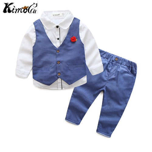 Kimocat new High quality Spring and autumn boys blazer Gentlemen's flowers lapel into casual suit 3pcs (Vest + shirt + pants)
