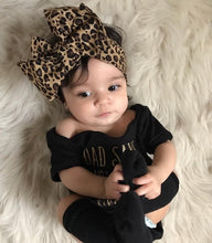 Load image into Gallery viewer, Trendy Kids Baby Girls Clothes off shoulder summer letter print short sleeve Bodysuit Leopard Headband 2pc cotton casual set