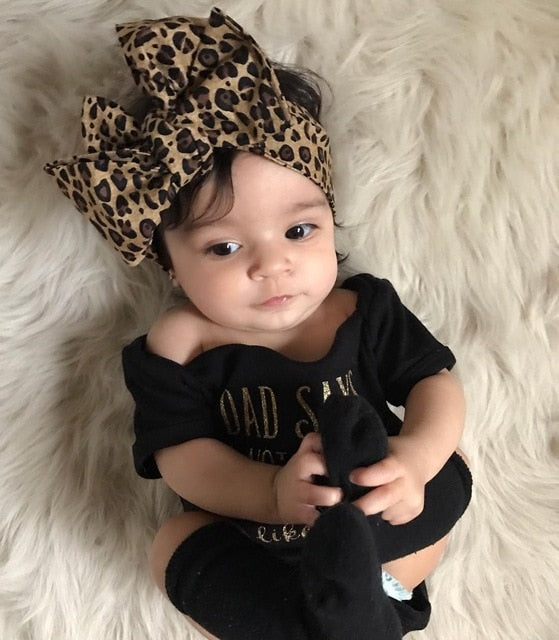 Trendy Kids Baby Girls Clothes off shoulder summer letter print short sleeve Bodysuit Leopard Headband 2pc cotton casual set